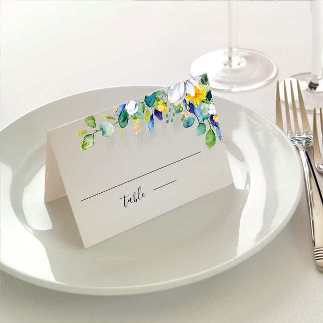 Cartão De Mesa Casamento azul-branco floral elegante (Criador carregado)