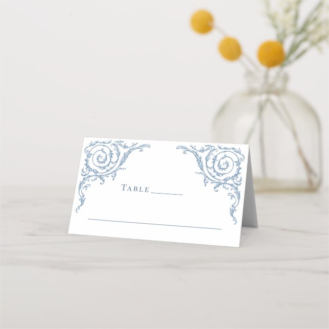 Cartão De Mesa Casamento Azul com Grace Floral Dusty, Ornamentado (Frente)