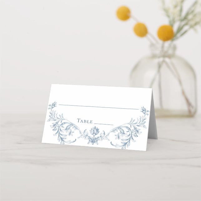 Cartão De Mesa Casamento Azul com Grace Floral Dusty, Ornamentado (Frente)