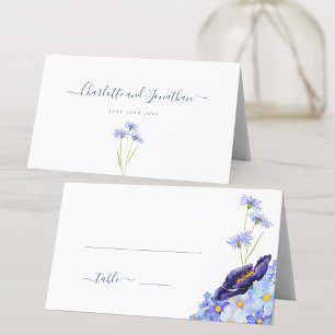 Cartão De Mesa Casamento Azul de Flor Selvagem Moderno