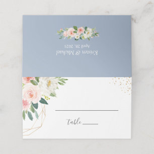 Cartão De Mesa Casamento Azul Dourado Pintor-Rosa-Floral Dusty