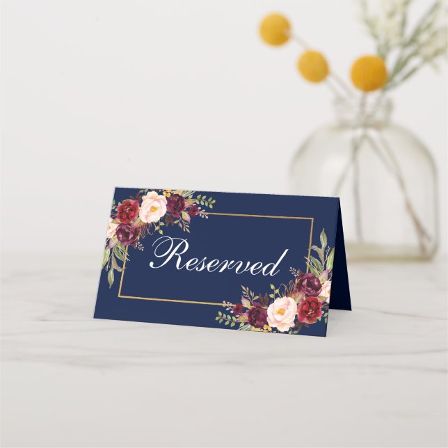 Cartão De Mesa Casamento Azul Floral Burgundy Reservado (Frente)