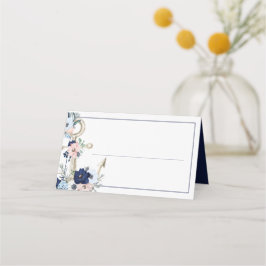 Cartão De Mesa Casamento Azul Marinho de Âncora Floral Náutica