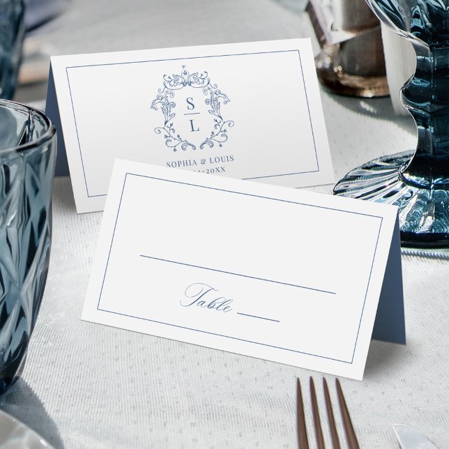 Cartão De Mesa Casamento Azul Monograma - Festa Barroca Elegante (Criador carregado)