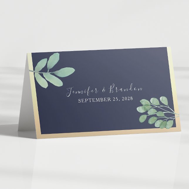 Cartão De Mesa Casamento Azul Naval Botânico (Criador carregado)