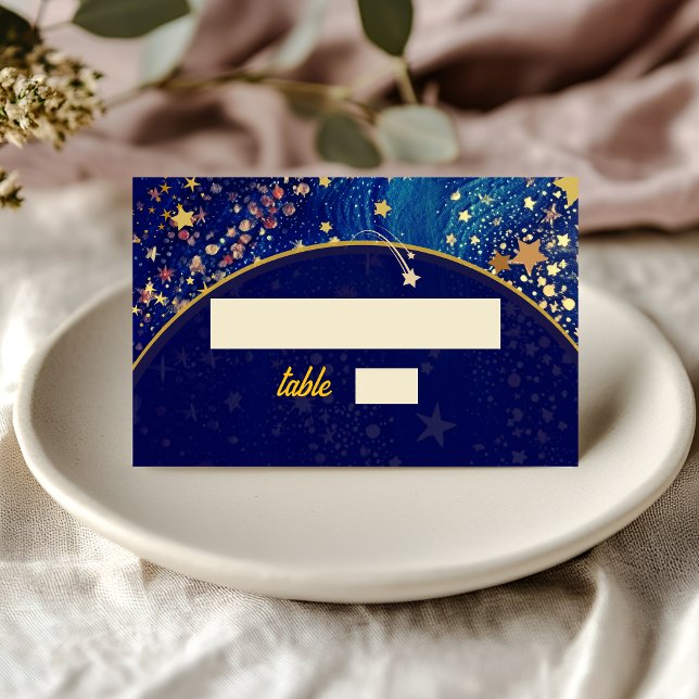 Cartão De Mesa Casamento azul-noturno celestial (Criador carregado)