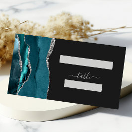 Cartão De Mesa Casamento Azul Teal Prateado Chic Ágata Escura