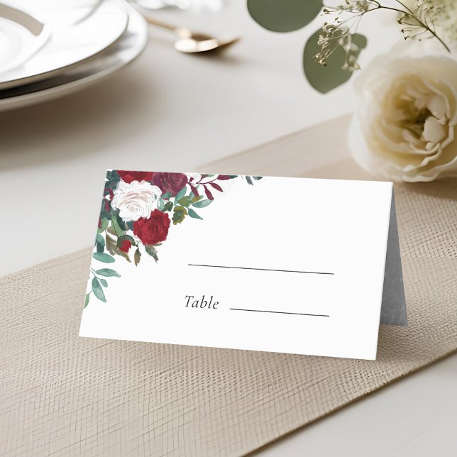Cartão De Mesa Casamento Boho com Flores Vermelhas Borgonha (Criador carregado)