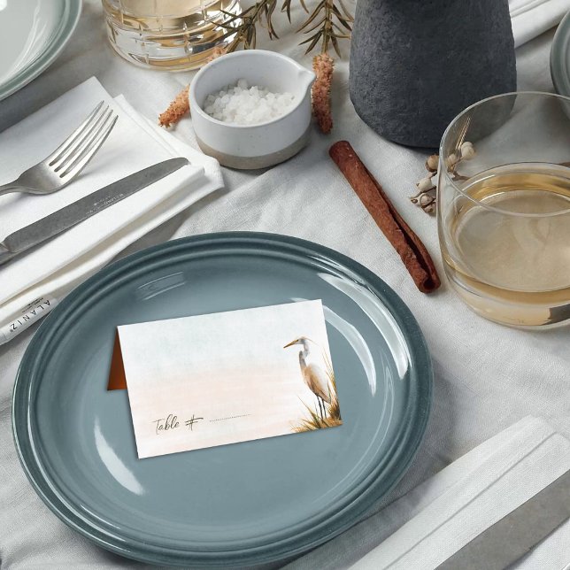 Cartão De Mesa Casamento Boho Costeiro Garça Branca (Criador carregado)
