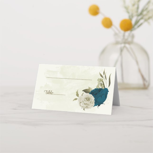 Cartão De Mesa casamento botânico com flores azul-lacustres (Frente)