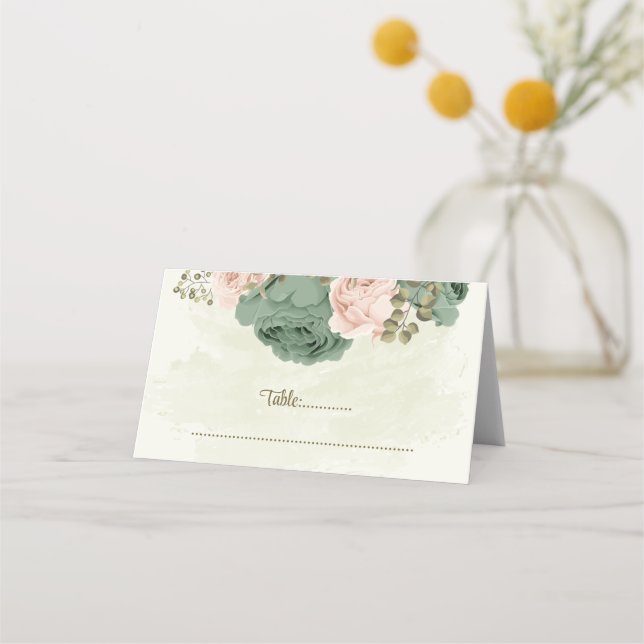Cartão De Mesa casamento botânico com flores verdes sage blush (Frente)