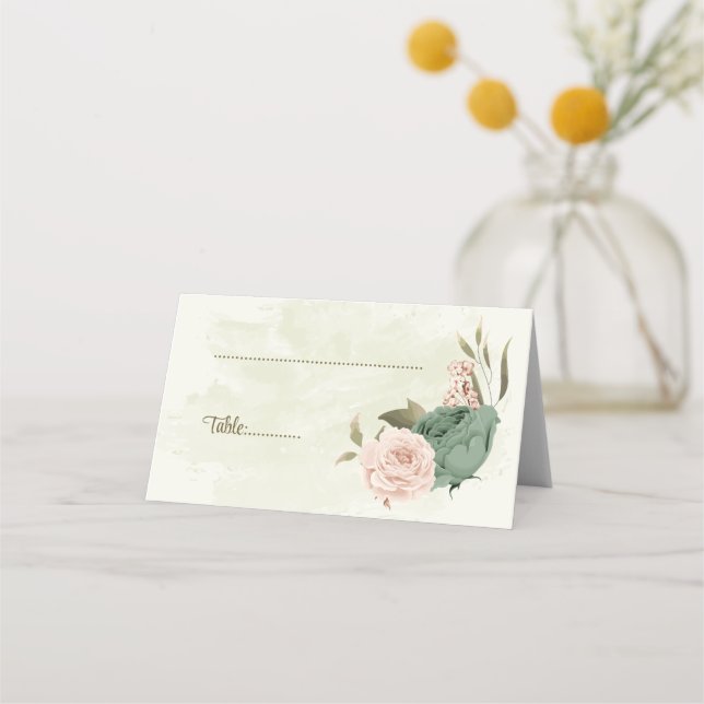 Cartão De Mesa casamento botânico com flores verdes sage blush (Frente)