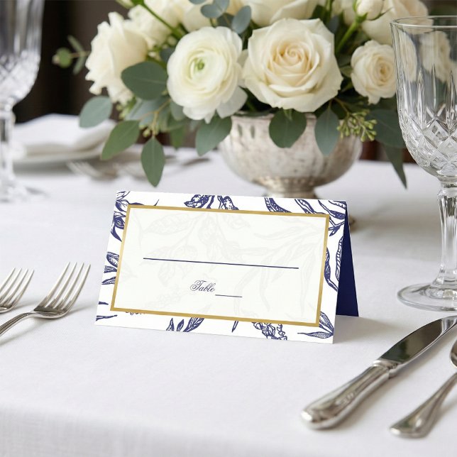 Cartão De Mesa Casamento Botânico Dourado Azul-Marinho Elegante (Criador carregado)