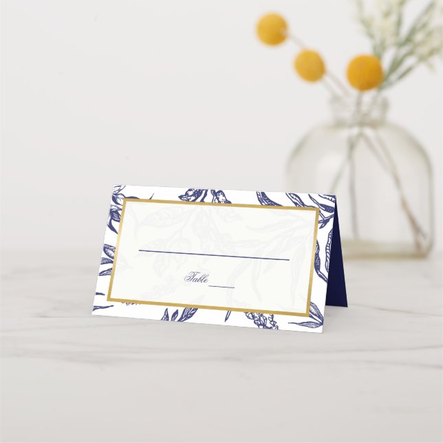Cartão De Mesa Casamento Botânico Dourado Azul-Marinho Elegante (Frente)