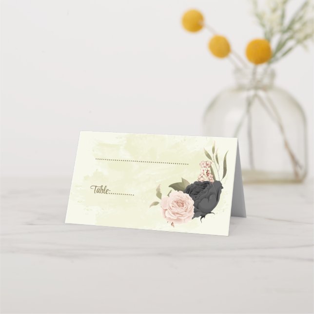 Cartão De Mesa casamento botânico entre flores pretas e escamosas (Frente)