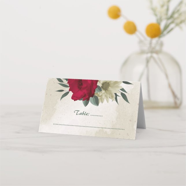 Cartão De Mesa casamento botânico vermelho-amarelo-claro (Frente)