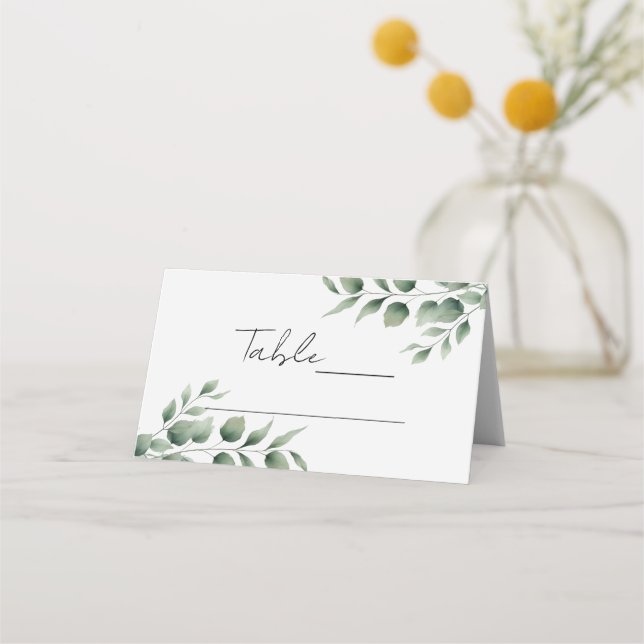 Cartão De Mesa Casamento Branco Moderno com Folhas de Vegetação M (Frente)