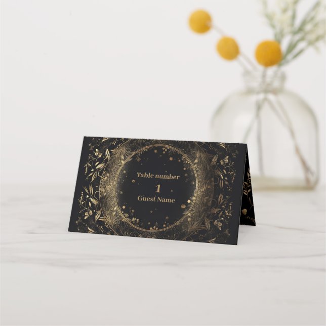 Cartão De Mesa Casamento Celestial Ouro Preto Místico (Frente)