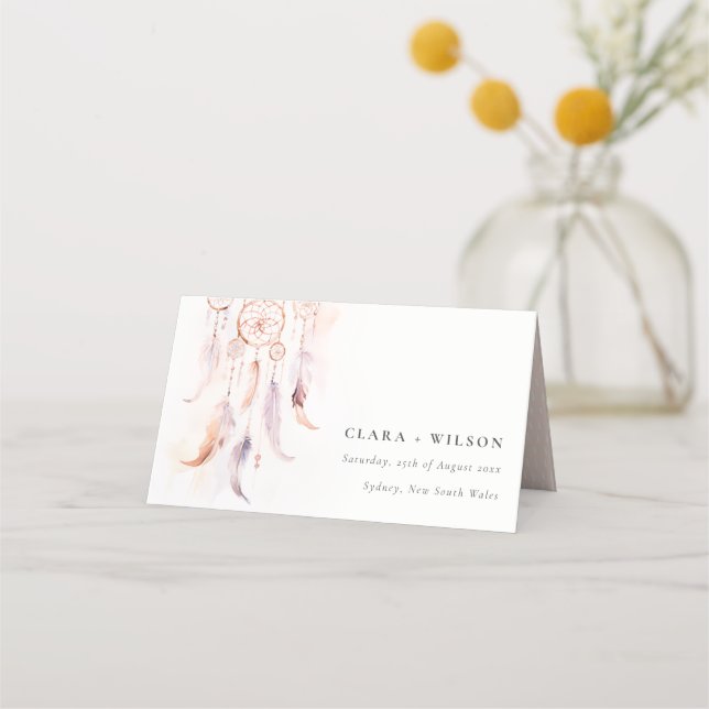 Cartão De Mesa Casamento Chic Boho Feather Dreamcatcher Watercolo (Frente)