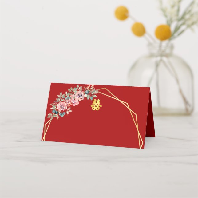Cartão De Mesa Casamento chinês com terra floral geométrica de ou (Frente)