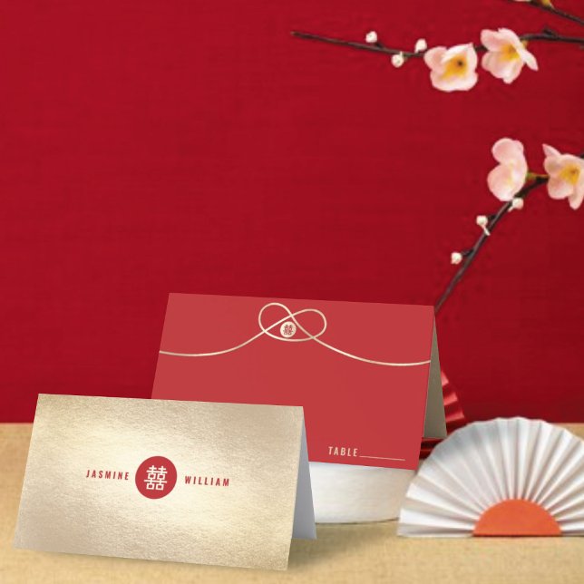 Cartão De Mesa Casamento Chinês de Felicidade Dupla Dourada União (Red/Gold Knot Union Double Happiness Modern Stylish Chinese Wedding Place Card @ fatfatin_red_knot)