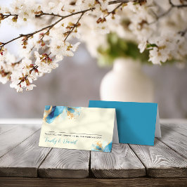 Cartão De Mesa Casamento com abstrato Azul e Dourada Aquarela