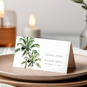 Cartão De Mesa Casamento com Aquarelas de Palmeiras de Praia Trop