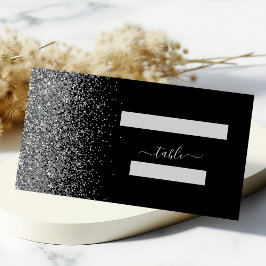 Cartão De Mesa Casamento com Borda de Brilho Preto Prata Moderno