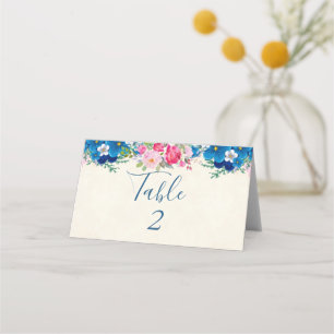 Cartão De Mesa Casamento com Borda de Flor Rosa e Azul Bonito