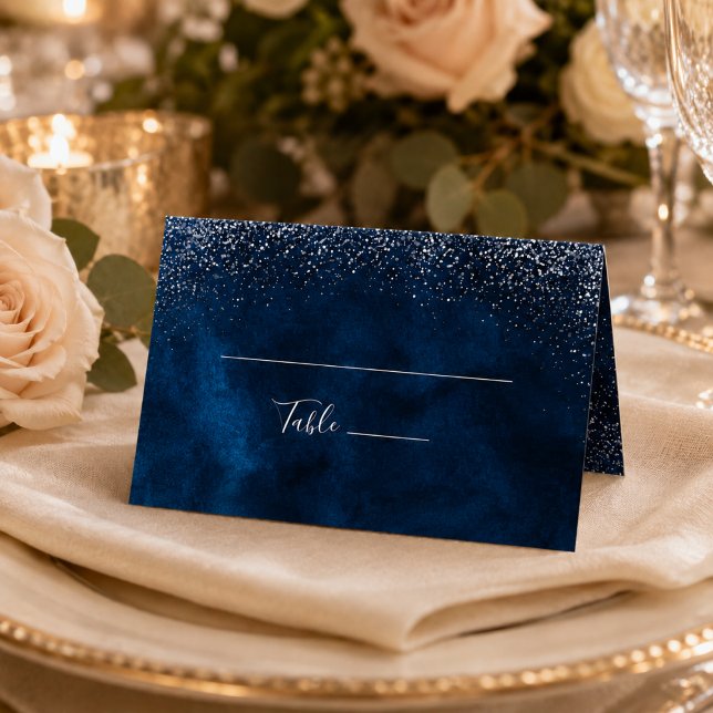 Cartão De Mesa Casamento com Brilho Prata Azul Marinho (Criador carregado)
