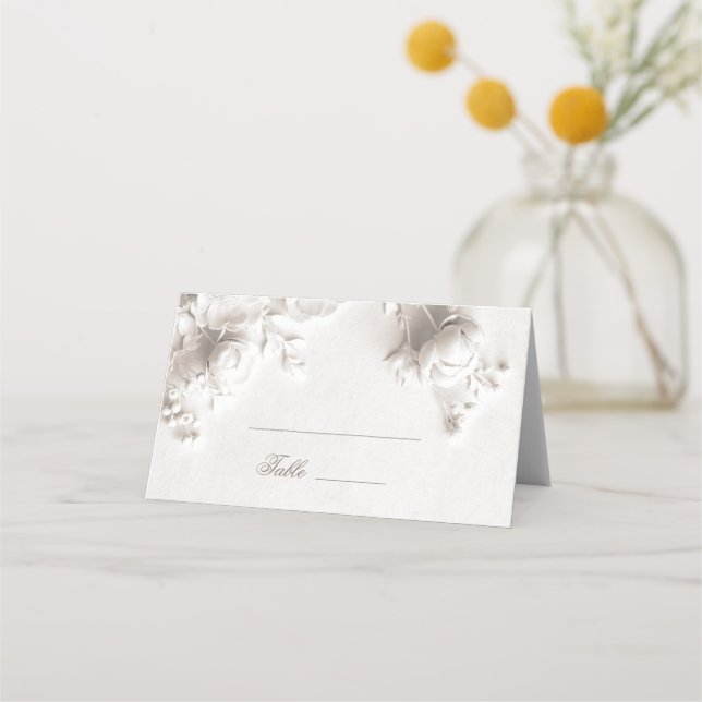 Cartão De Mesa Casamento com flores 3D em marfim arqueadas (Frente)