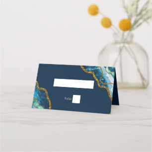 Cartão De Mesa Casamento com Glitter de Geodo Agato Azul e Dourad