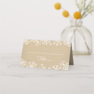 Cartão De Mesa Casamento com Kraft Rústico e Renda Floral Monogra