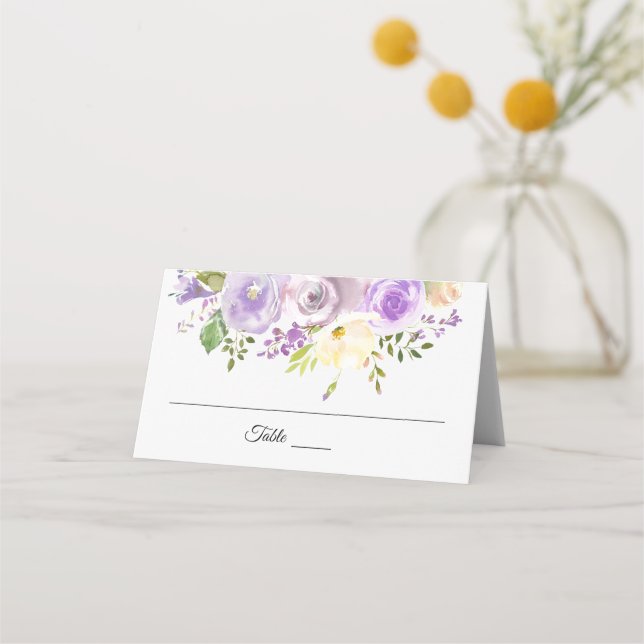 Cartão De Mesa Casamento com Lavanda Floral e Púrpura (Frente)