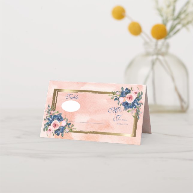 Cartão De Mesa Casamento com Marinho e Blush de Aquarela (Frente)