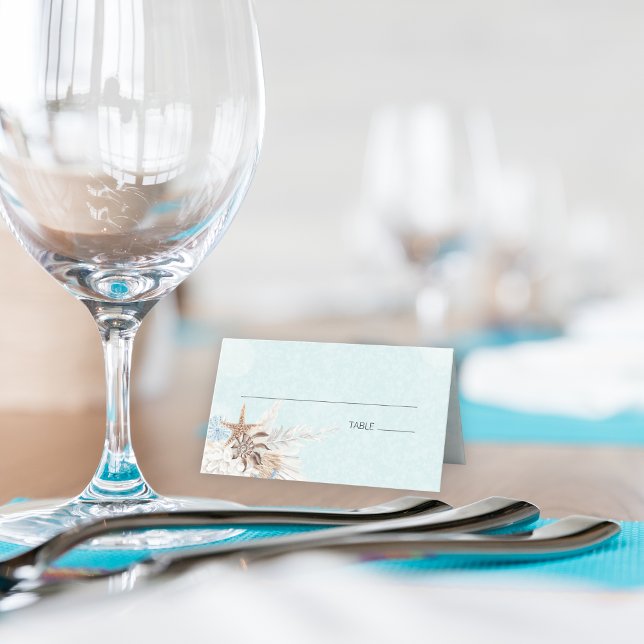 Cartão De Mesa Casamento com o Oceano Aqua Moderno (Modern Aqua Ocean & Seashells Folded Place Card)