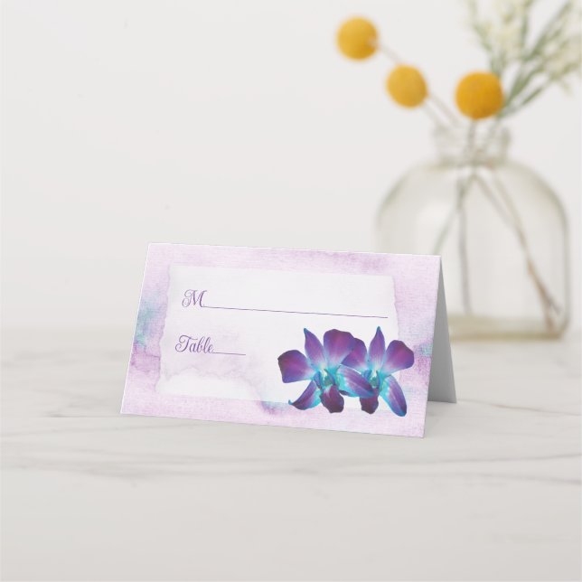 Cartão De Mesa Casamento com Orquídea de Dendrobium Azul-Turquesa (Frente)