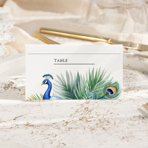 Cartão De Mesa Casamento com Pena de Pavão Indiano Tropical