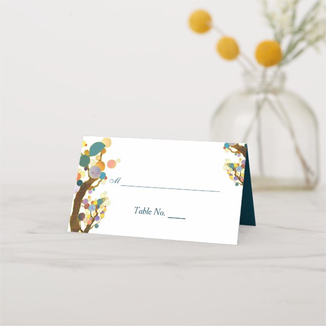 Cartão De Mesa Casamento com Teal Árvores Whimsical (Frente)