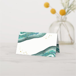 Cartão De Mesa Casamento com Teal de Aquarela e Geodo Dourado