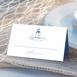 Cartão De Mesa Casamento com Toalete Azul de Farol Costeiro