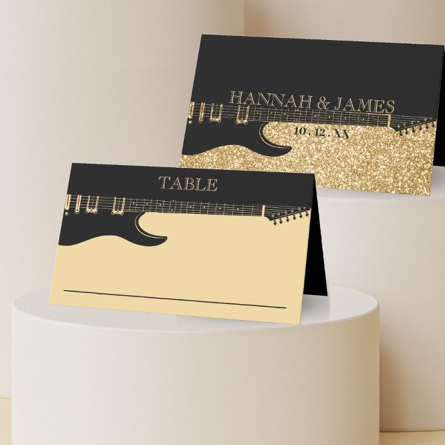 Cartão De Mesa Casamento com Violão Negro e Dourado (Black & Gold Glitter Guitar Wedding Place Card)