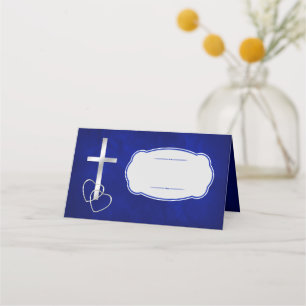 Cartão De Mesa Casamento da Cruz Cristã Blue Silver
