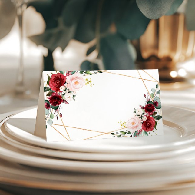 Cartão De Mesa Casamento das Flores Rosa-Blush e Borgonha (Criador carregado)