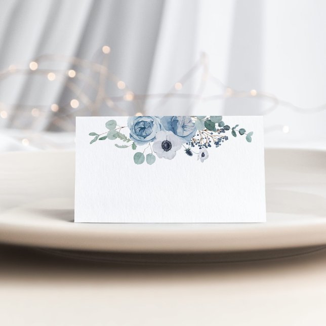 Cartão De Mesa Casamento de anêmona elegante floral Dusty Blue (Criador carregado)