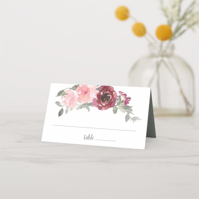 Cartão De Mesa Casamento de Aquarela Floral com Cinzas de Borgonh (Frente)