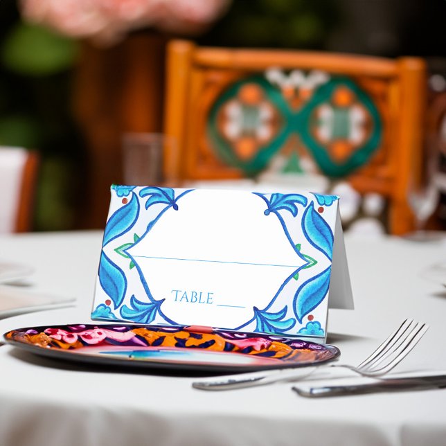 Cartão De Mesa Casamento de azulejos de Aqua Blue Talavera monogr (Aqua Blue Talavera tiles monogrammed wedding Place Card Mexican fiesta Meditterranean wedding decor)