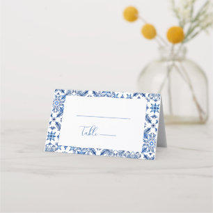 Cartão De Mesa Casamento de Azulejos e Citros do Mediterrâneo Azu