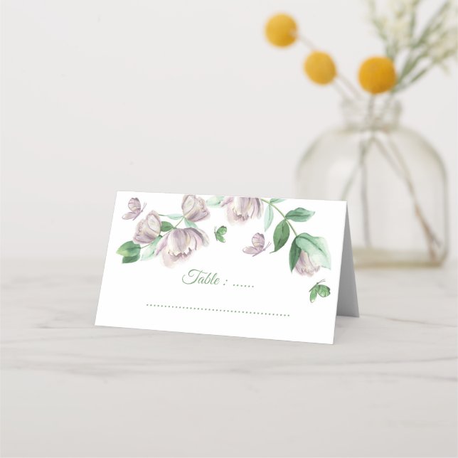 Cartão De Mesa casamento de borboletas de flores roxas (Frente)