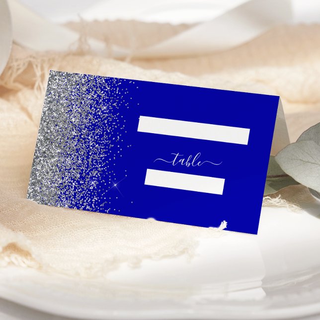 Cartão De Mesa Casamento de Borda Glitter Azul Real Moderno (Criador carregado)
